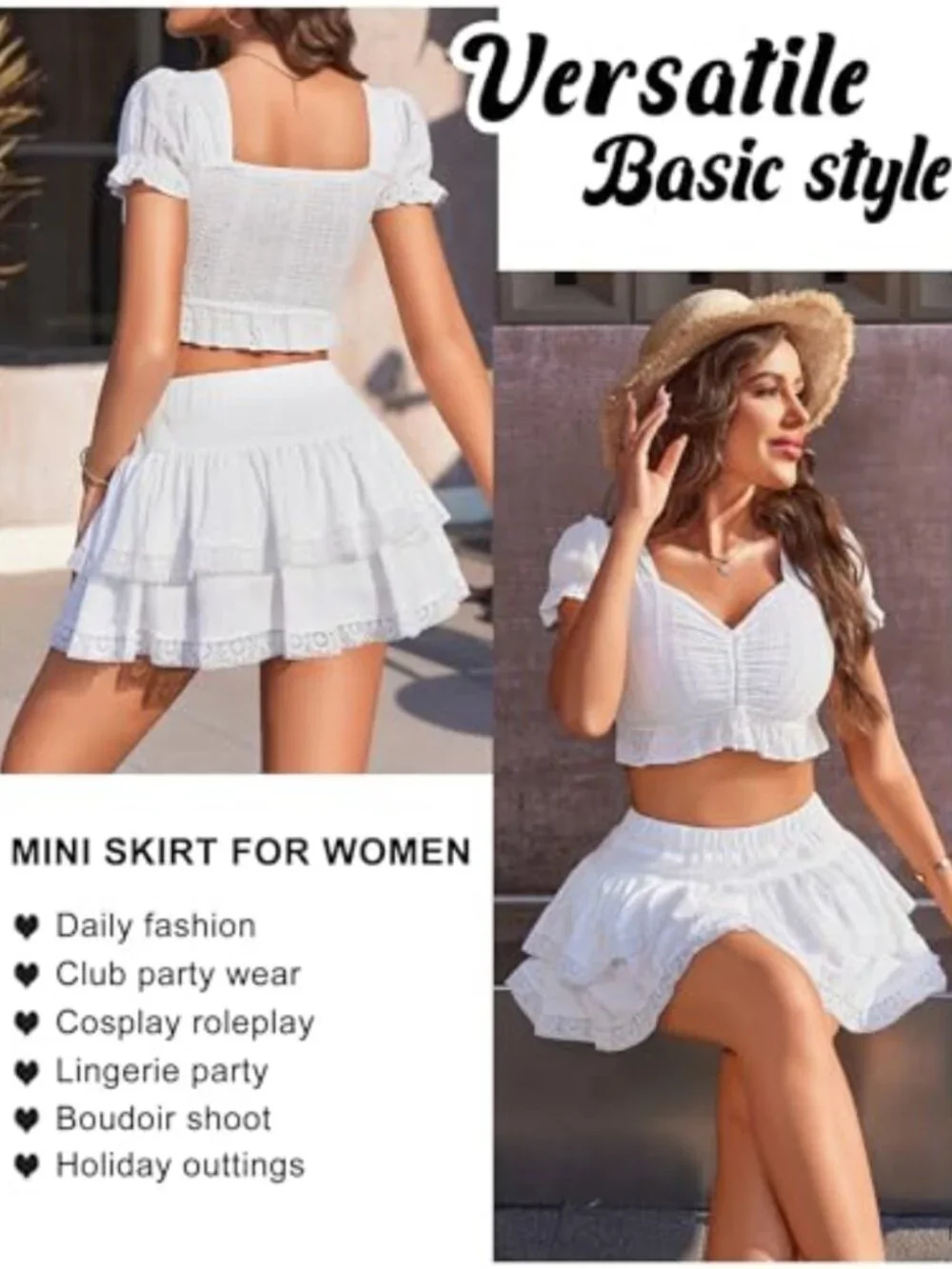 Women's Ruffle Mini Skirt High Waisted A-Line Tiered Lace Hem Polyester